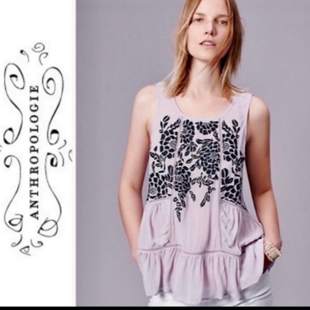 Anthropologie Floreat Lilac Embroidered Peplum Tank Blouse XS